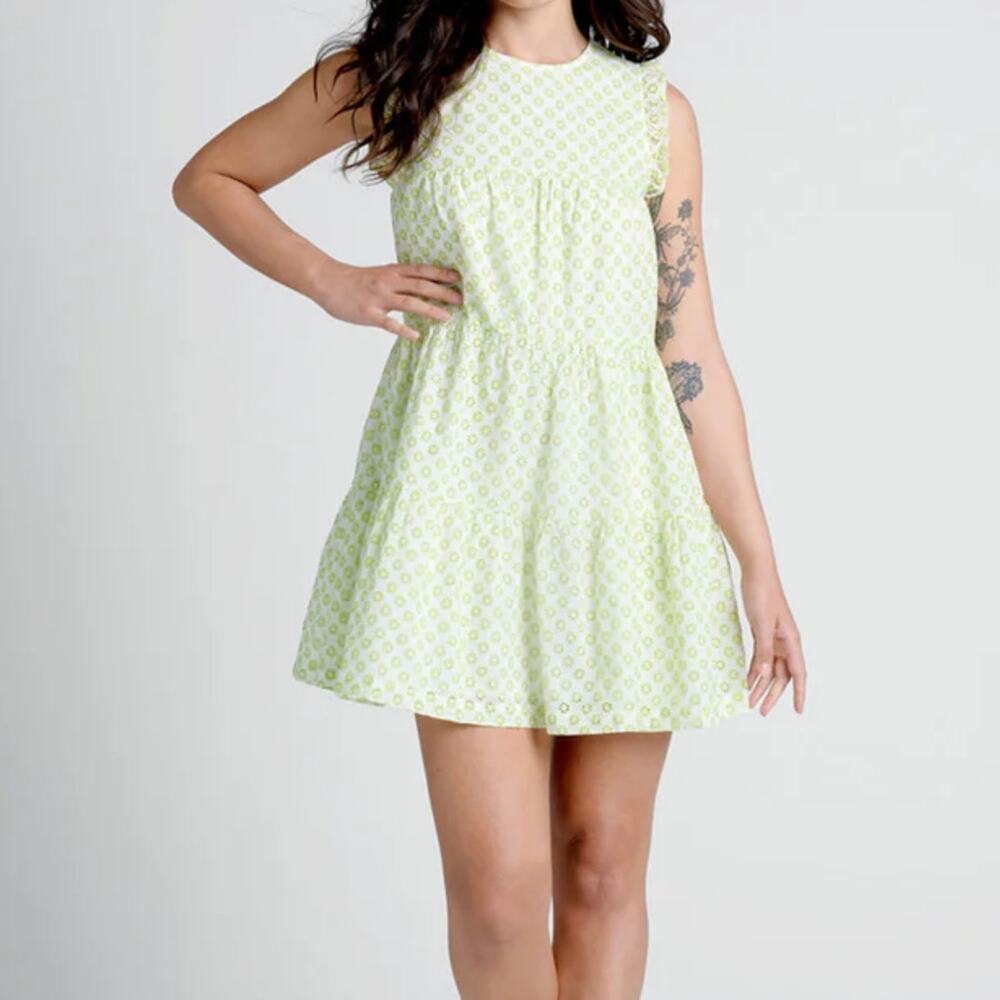Mod Cloth Women's Day Tripping Flower Field Eyelet Mini Dress Medium Green
